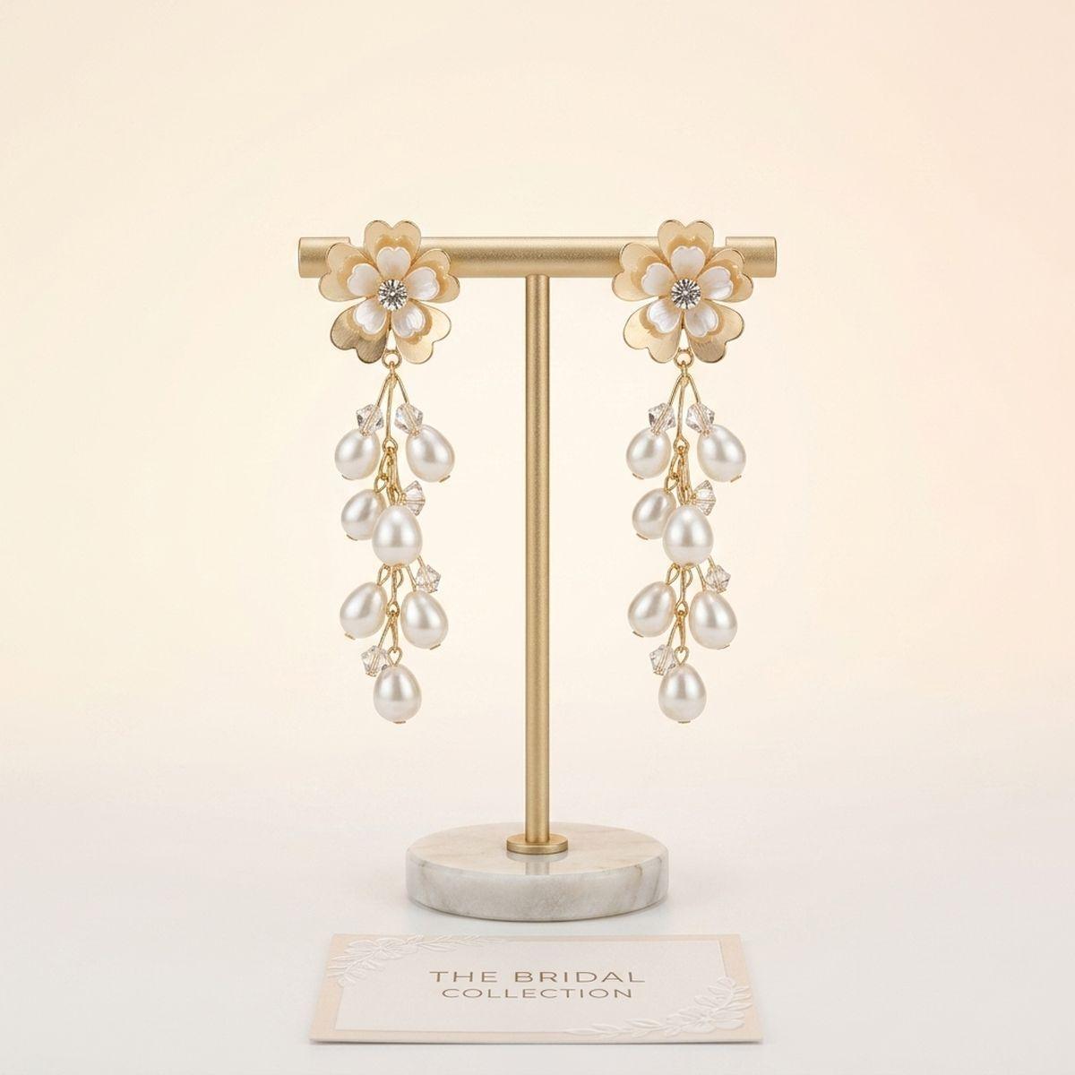 Dangle Gold Floral Cream Pearl Cascade Earrings