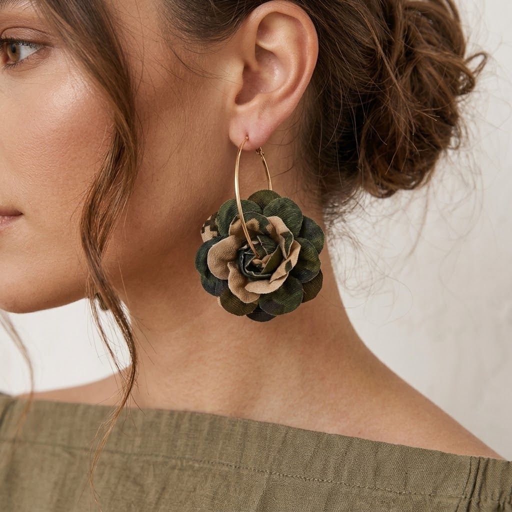 Camouflage Dimensional Flower Gold Hoop Earrings