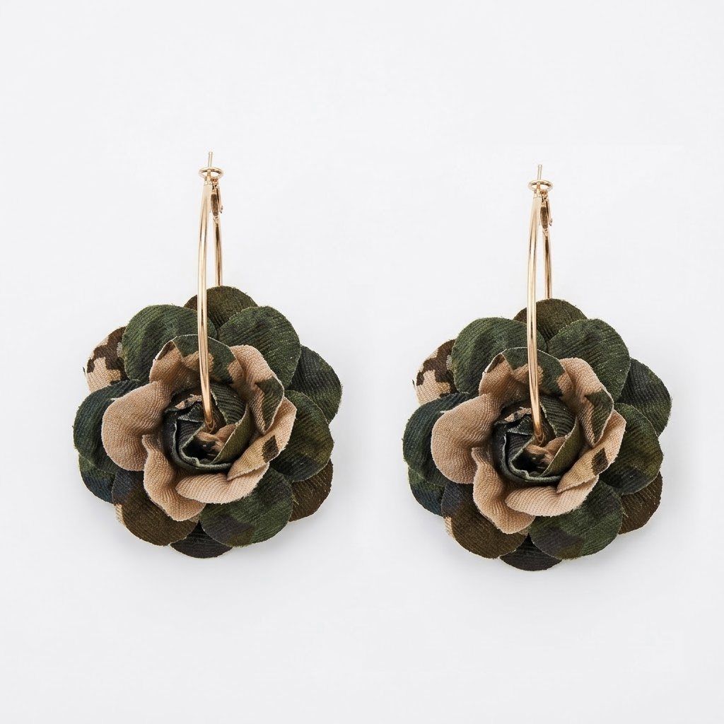 Camouflage Dimensional Flower Gold Hoop Earrings