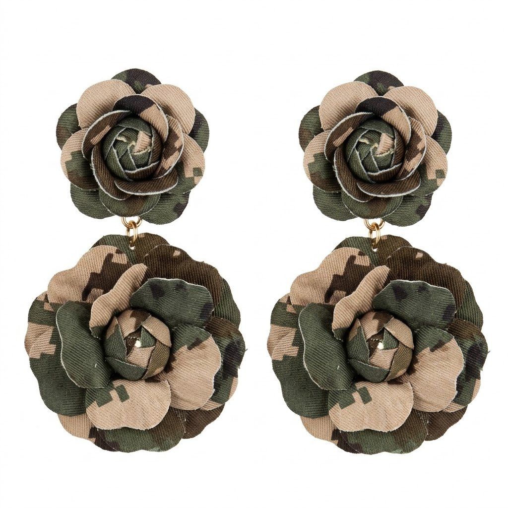 Drop Camouflage Dimensional Double Flower Earrings