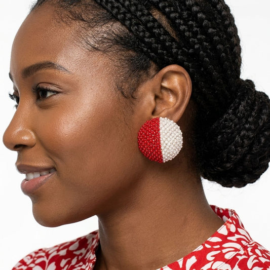 DST Red and White Dome Pearl Stone Stud Earrings