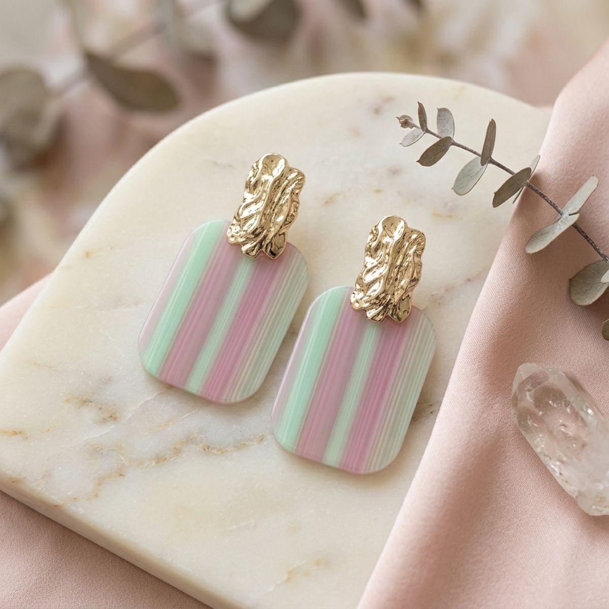 Drop Oversized Pink Green Stripe Opulent Earrings