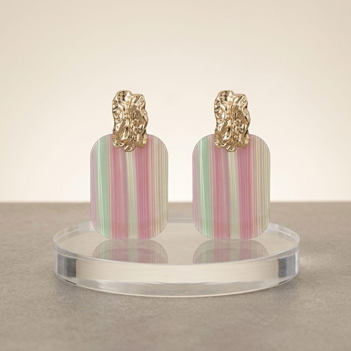 Drop Oversized Pink Green Stripe Opulent Earrings
