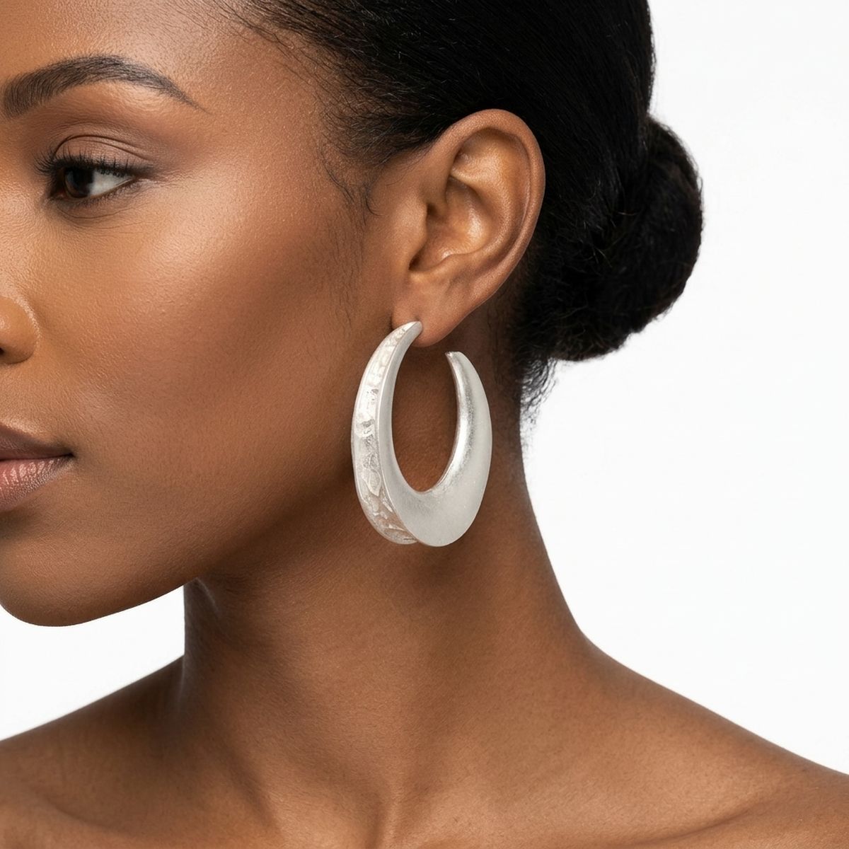 Hoop Matte Silver Open Wide Profile Earrings
