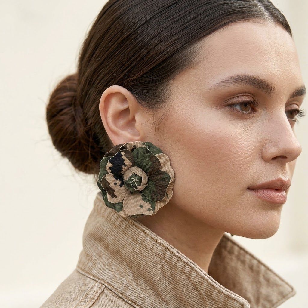 Camouflage Large Dimensional Flower Stud Earrings
