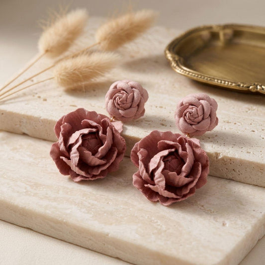Drop Dusty Pink Double Rose Flower Felt Earrings