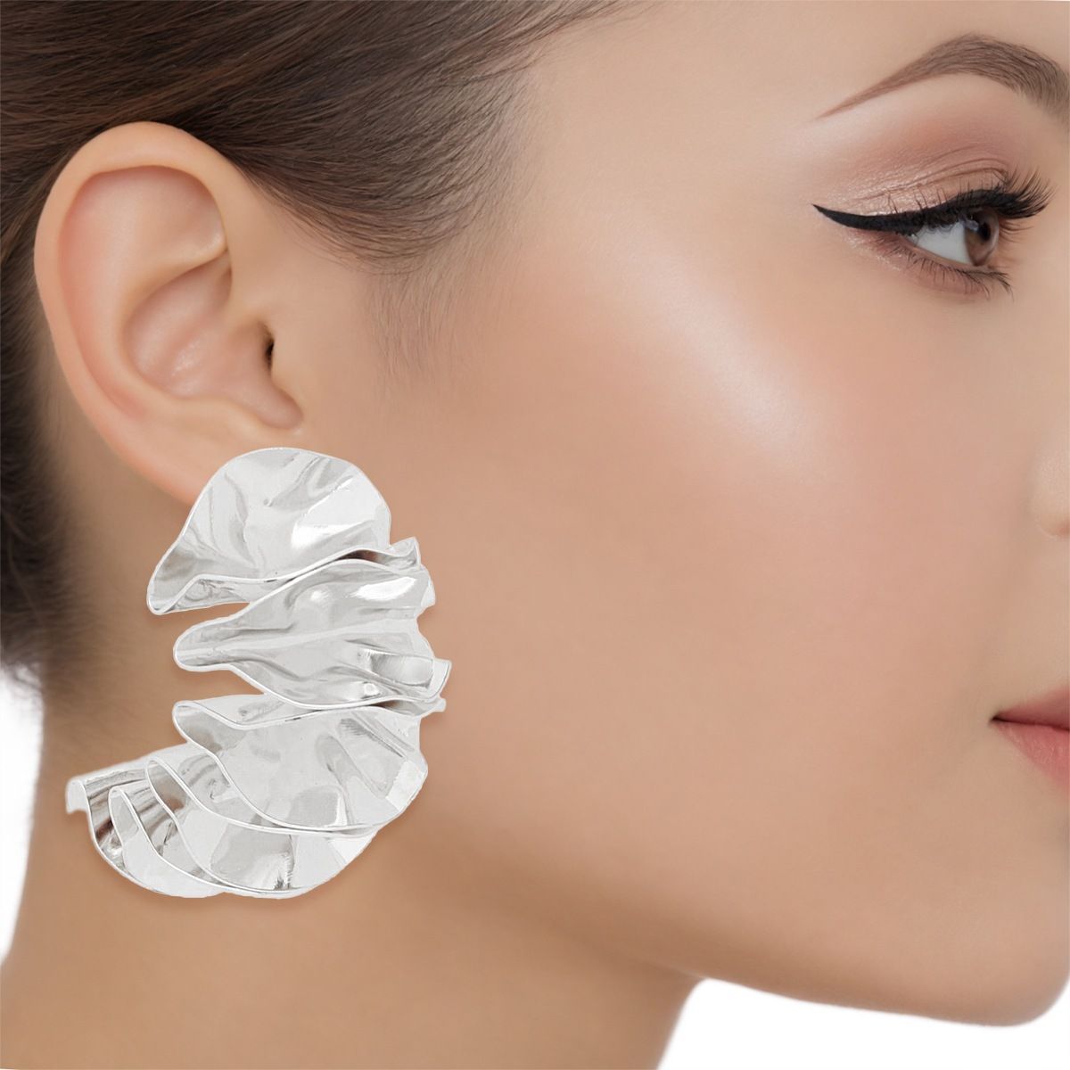 Stud Molded and Folded Silver Metal Fanned Earrings