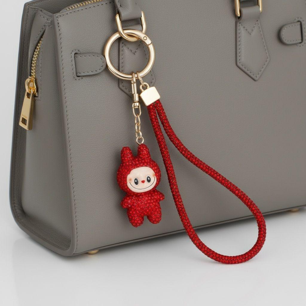 Rhinestone Phone Wrist Strap Red Labubu Keychain