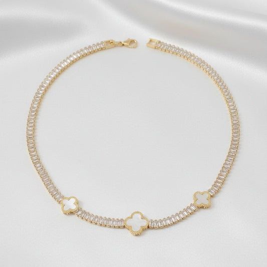 Tennis Gold CZ Baguette White Quatrefoil Necklace