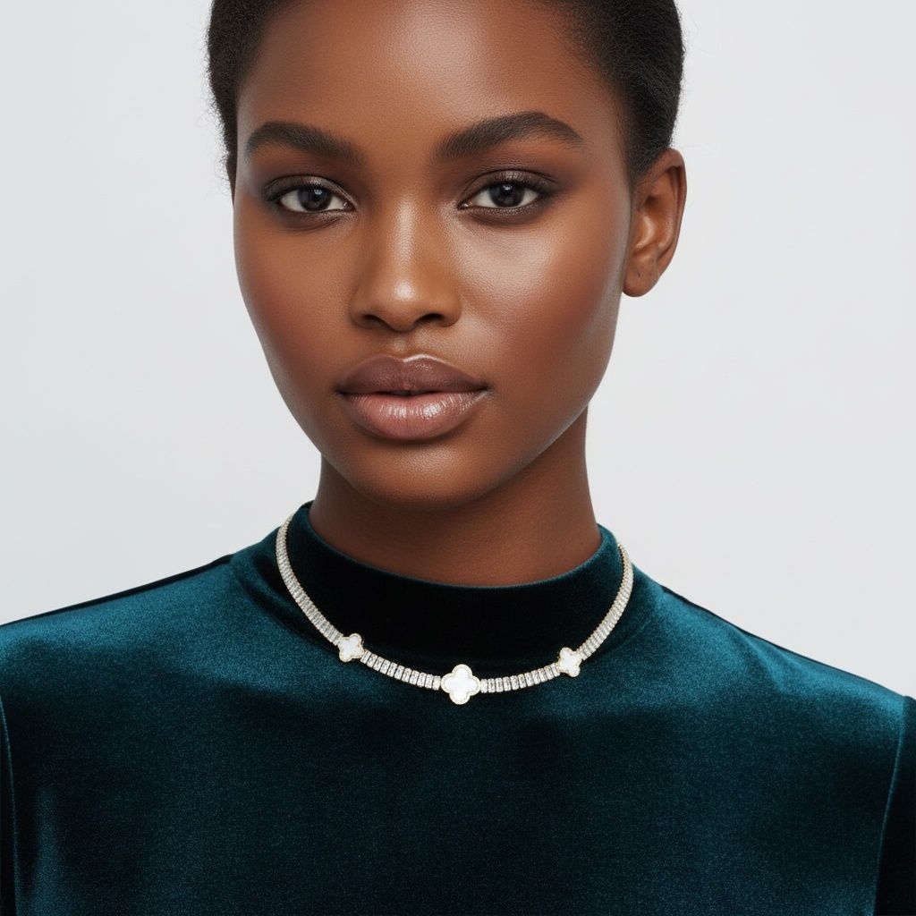 Tennis Gold CZ Baguette White Quatrefoil Necklace