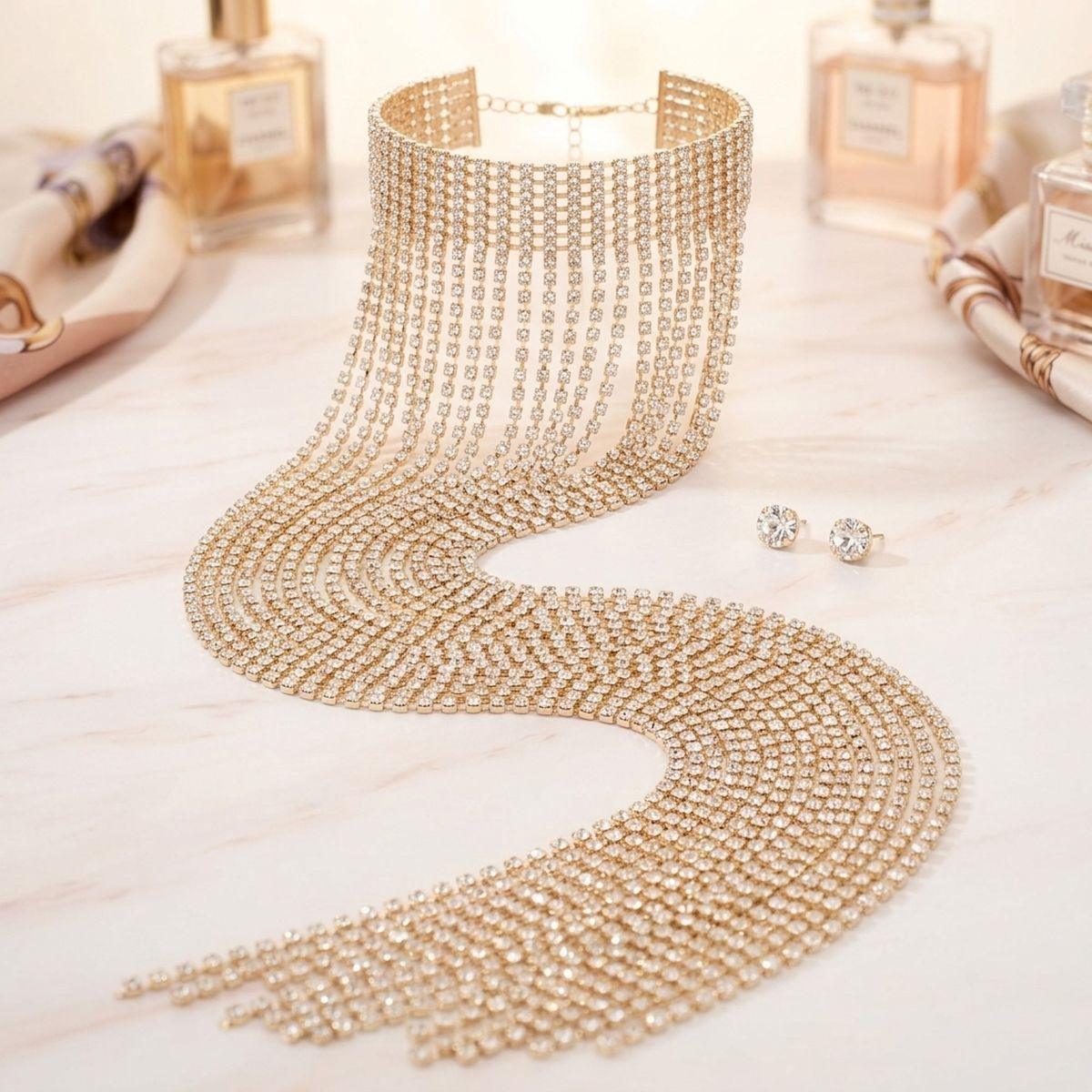 Long Gold Fringe Choker Necklace with Rhinestones
