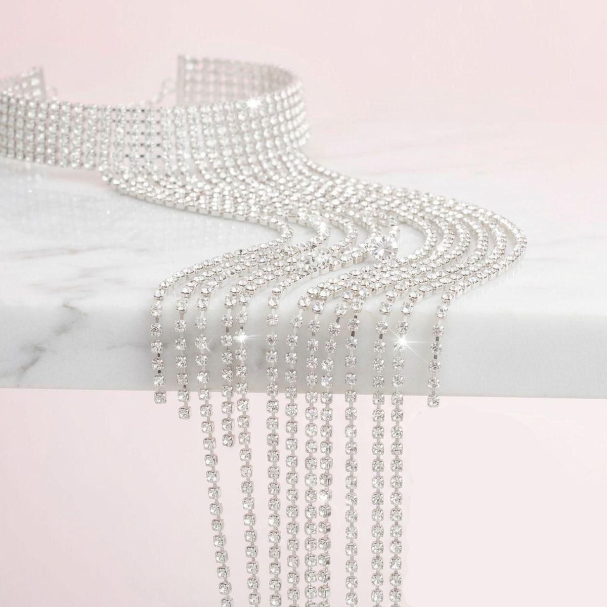 Long Silver Fringe Choker Necklace with Rhinestones
