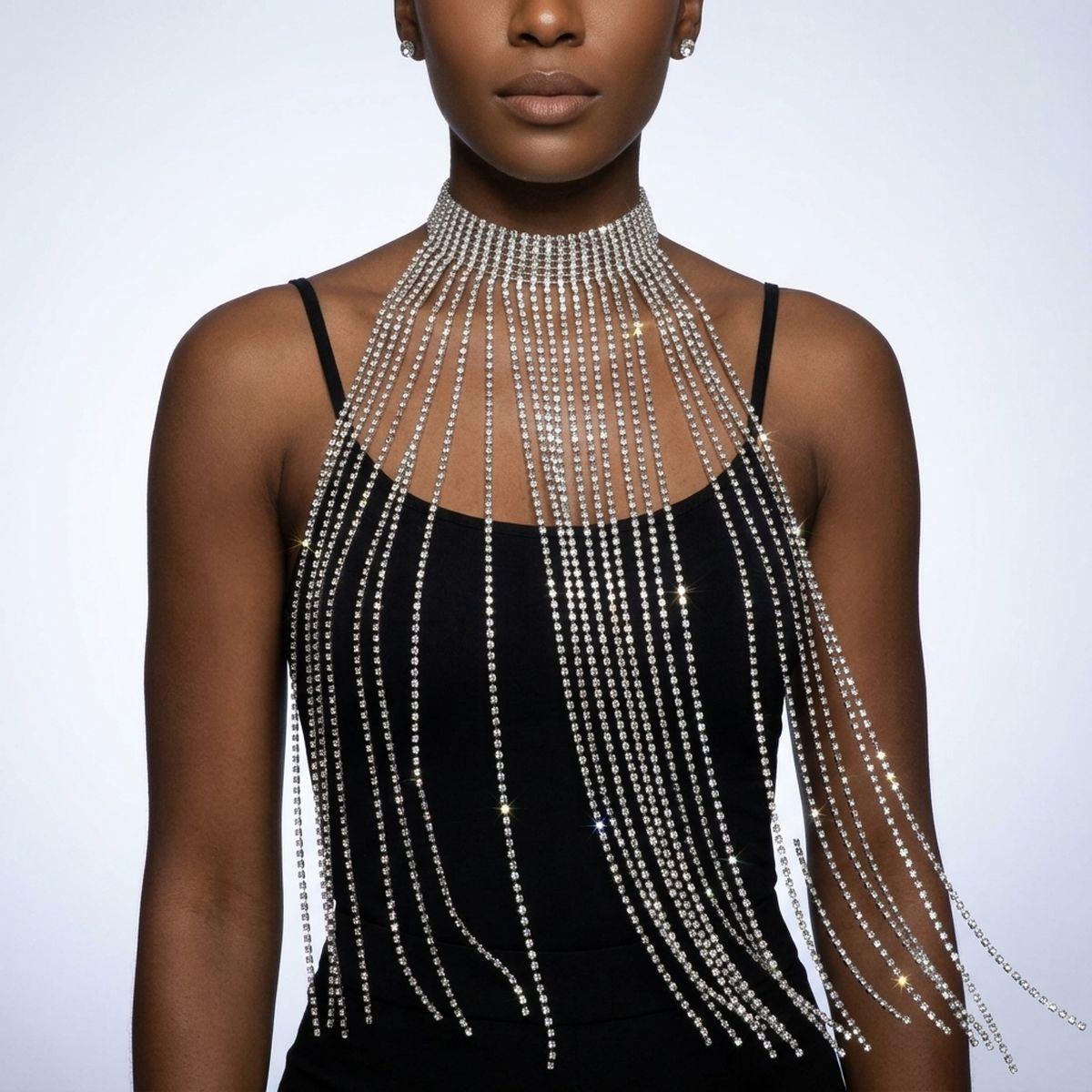 Long Silver Fringe Choker Necklace with Rhinestones