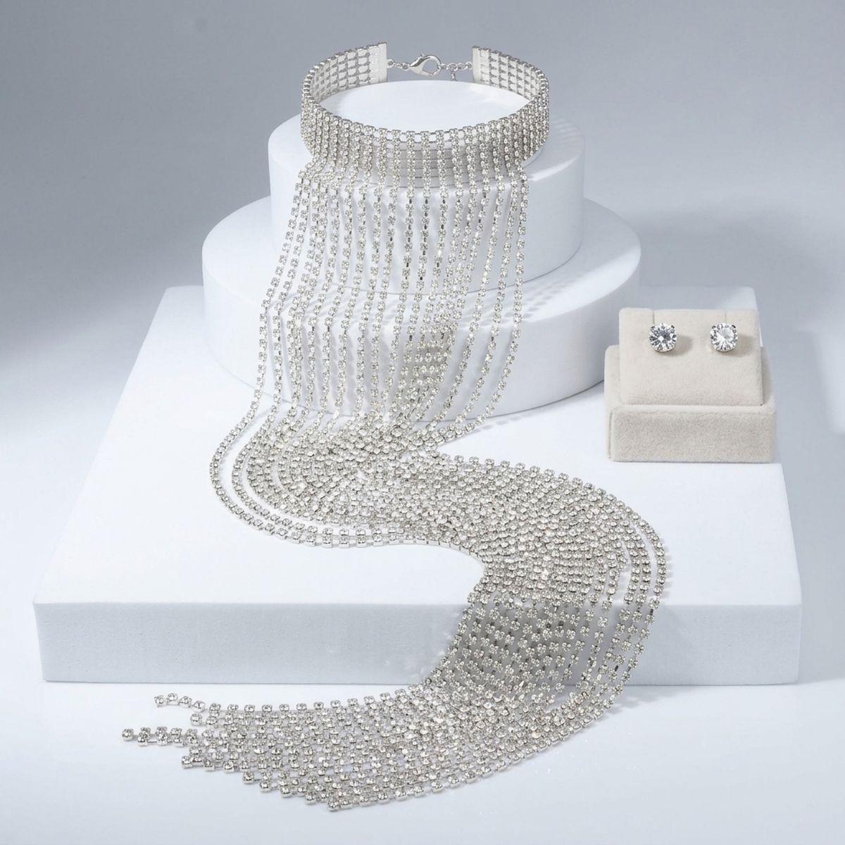 Long Silver Fringe Choker Necklace with Rhinestones