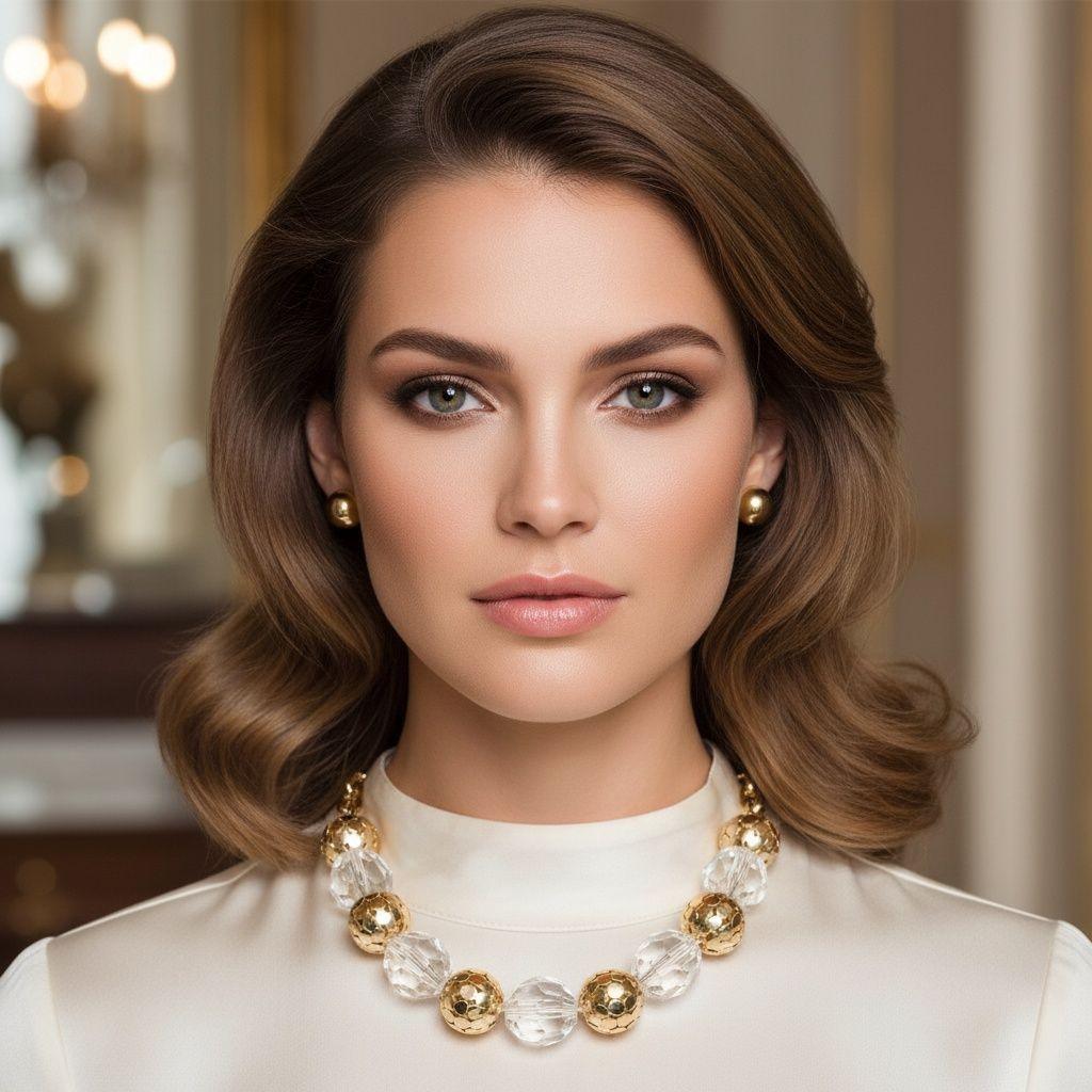 Chunky Faceted Clear and Metal Ball Bead Necklace