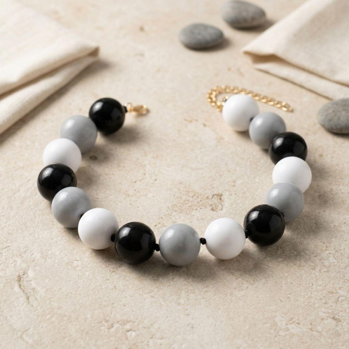 Mod Style Tricolor Black Tone Chunky Bead Necklace