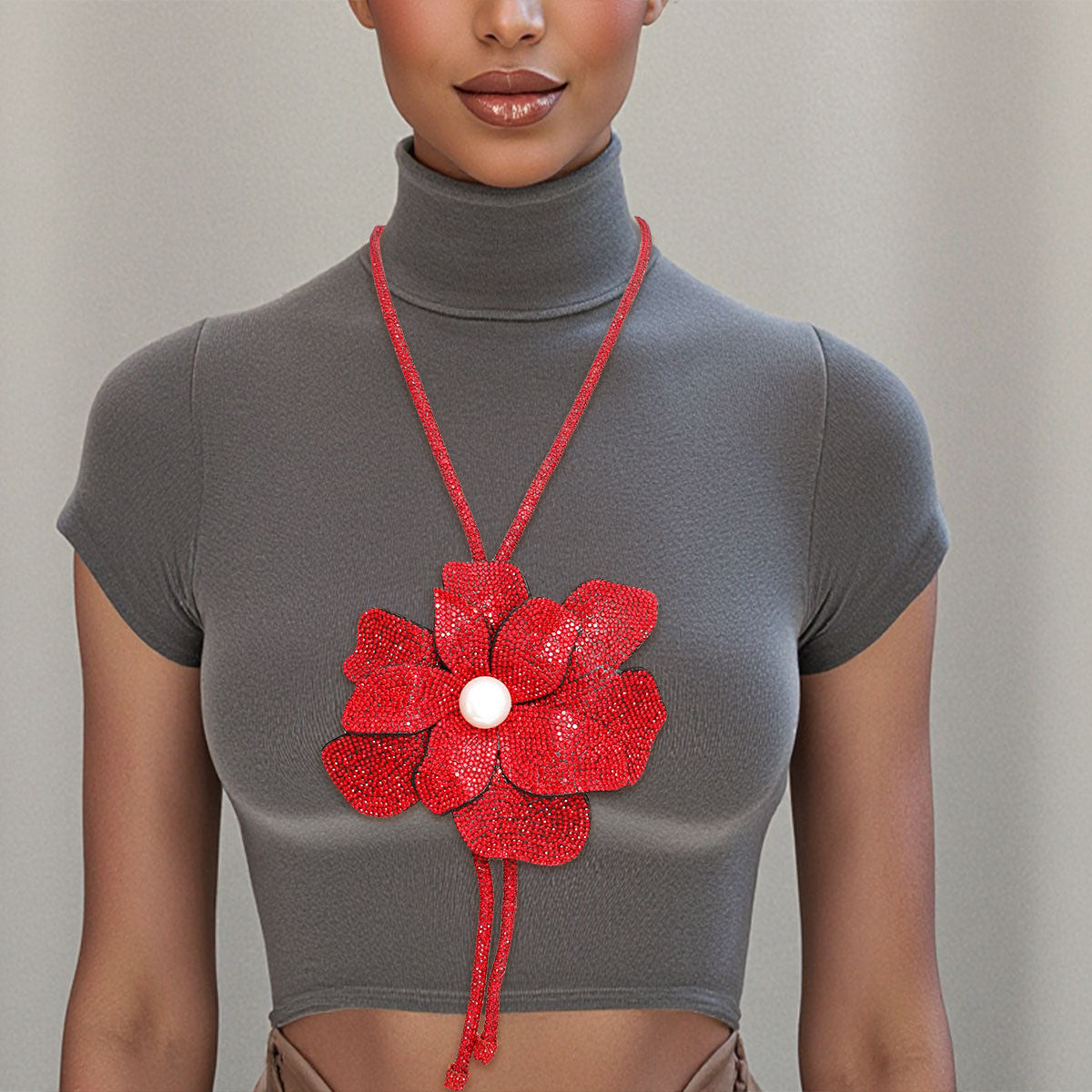 Long Y Brilliant Red Blooming Flower Necklace