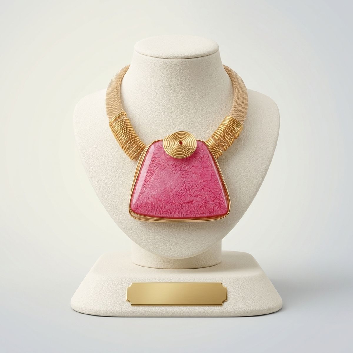 Large Pink Resin Pendant Gold Mesh Collar Necklace