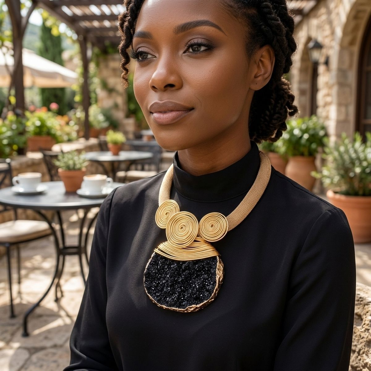 Black Druzy Stone Pendant Gold Collar Necklace