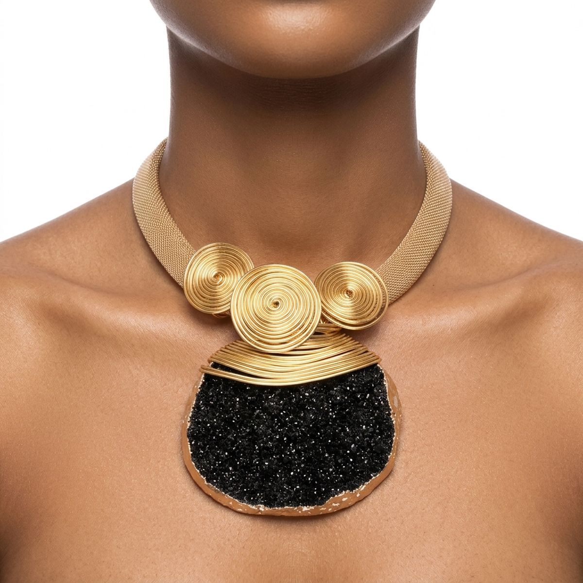Black Druzy Stone Pendant Gold Collar Necklace