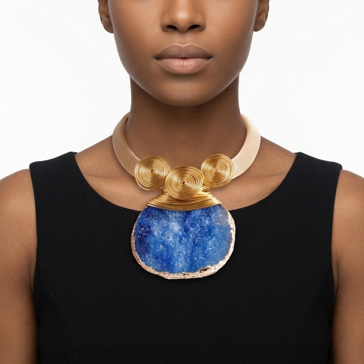 Blue Druzy Stone Pendant Gold Collar Necklace