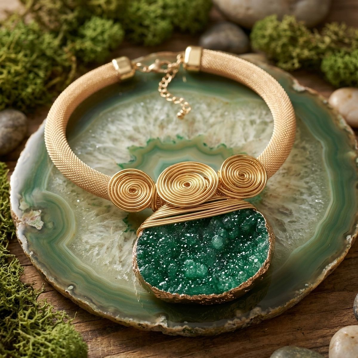 Green Druzy Stone Pendant Gold Collar Necklace