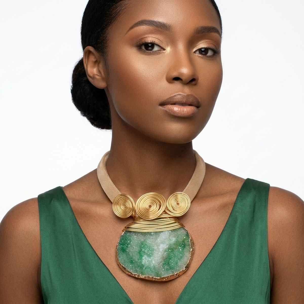 Green Druzy Stone Pendant Gold Collar Necklace
