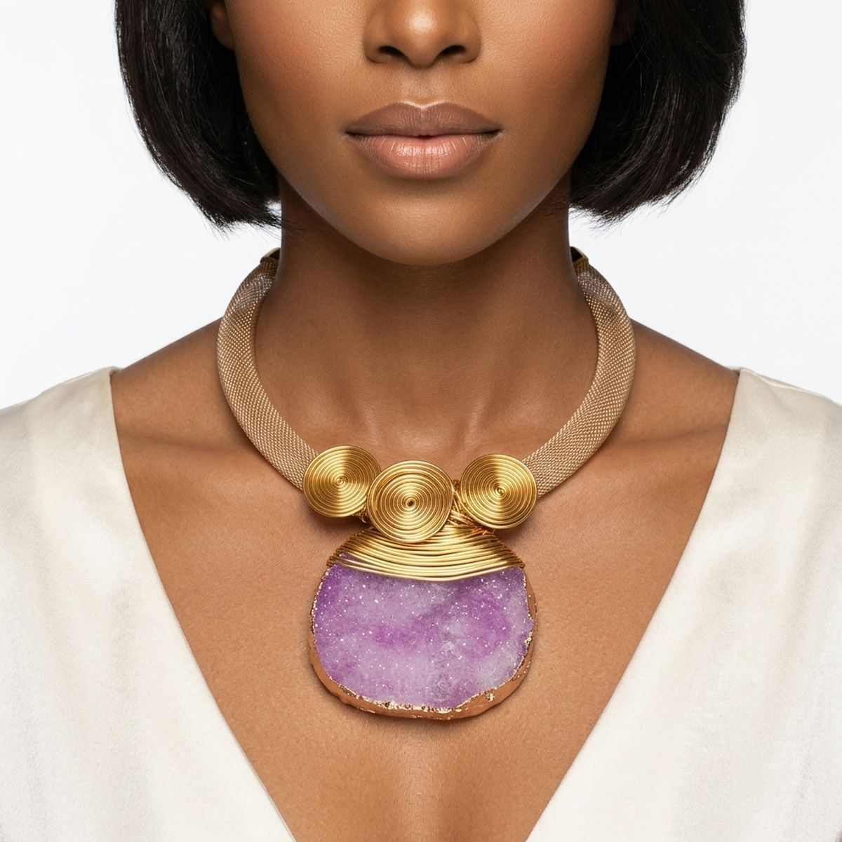 Purple Druzy Stone Pendant Gold Collar Necklace