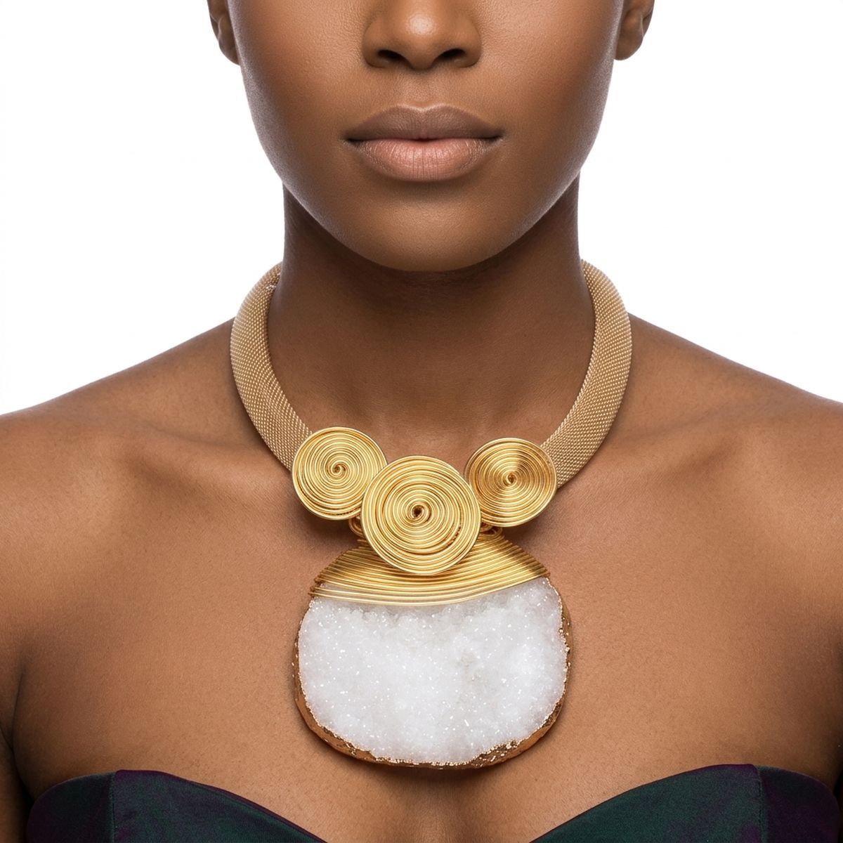 White Druzy Stone Pendant Gold Collar Necklace