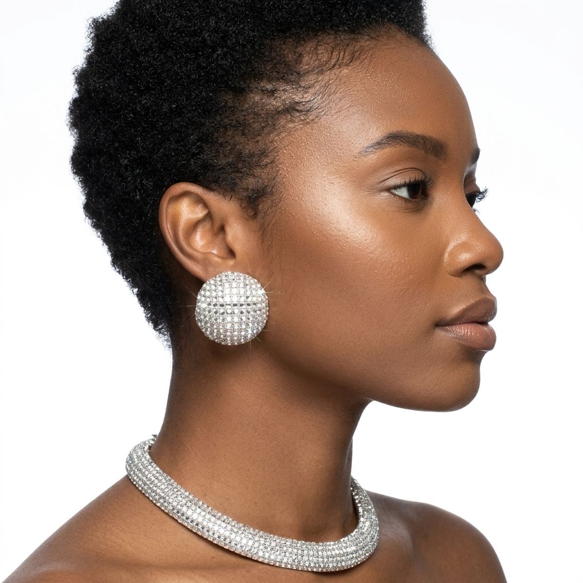 Silver Clear Stone 6 Row Disco Ball Collar Necklace