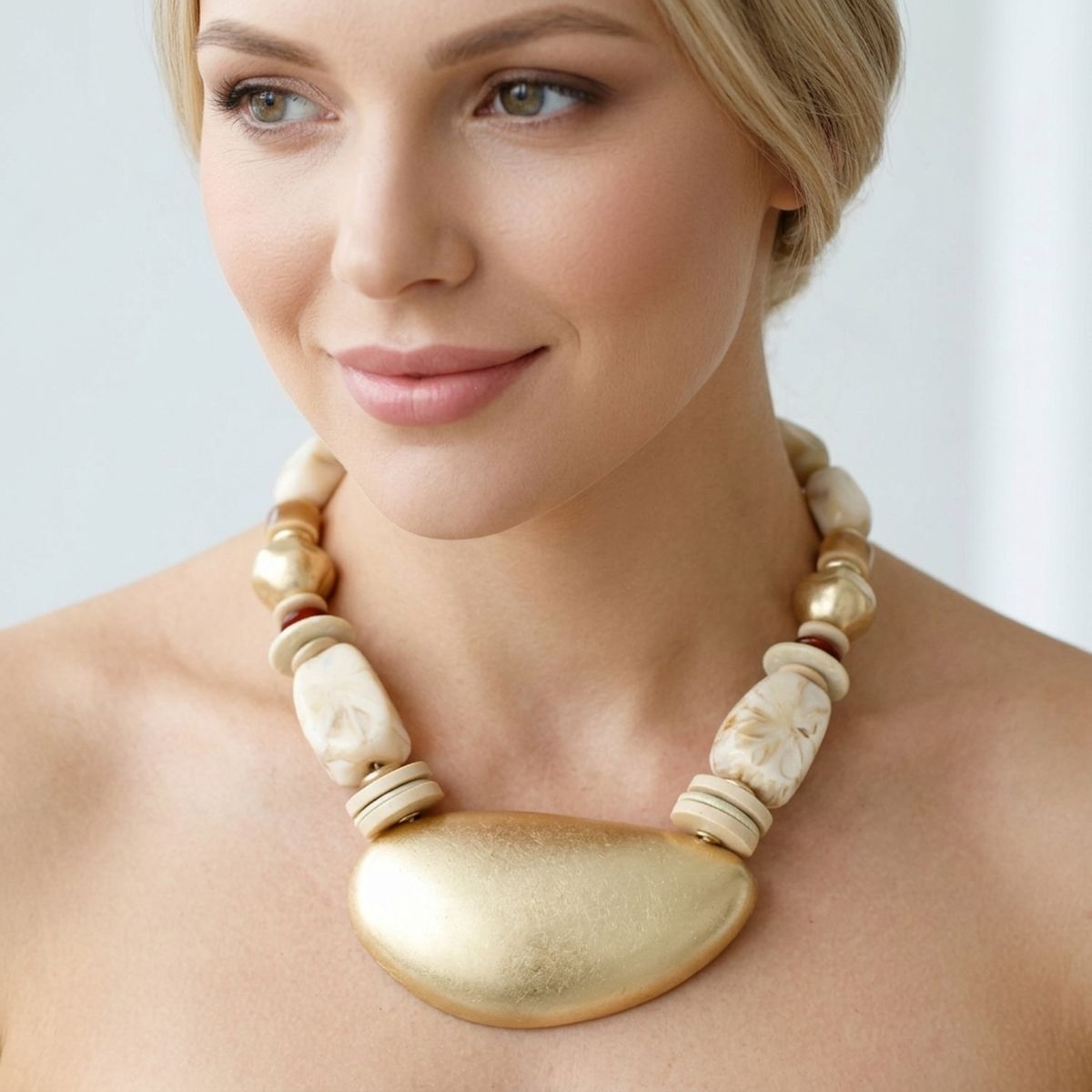 Ivory Bead Sculpted Matte Gold Pendant Necklace