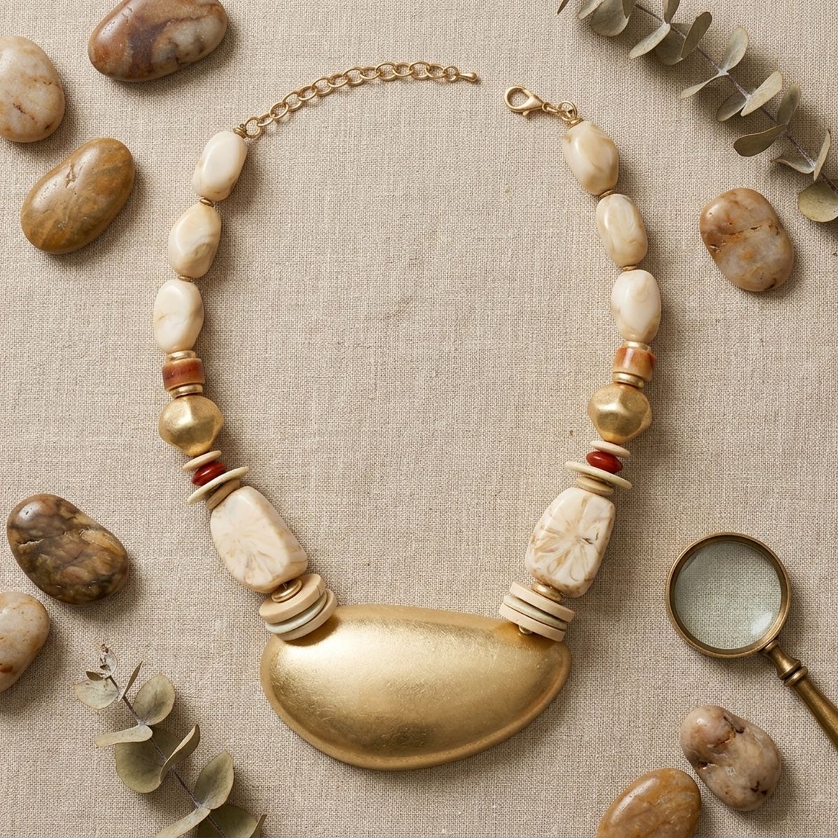 Ivory Bead Sculpted Matte Gold Pendant Necklace