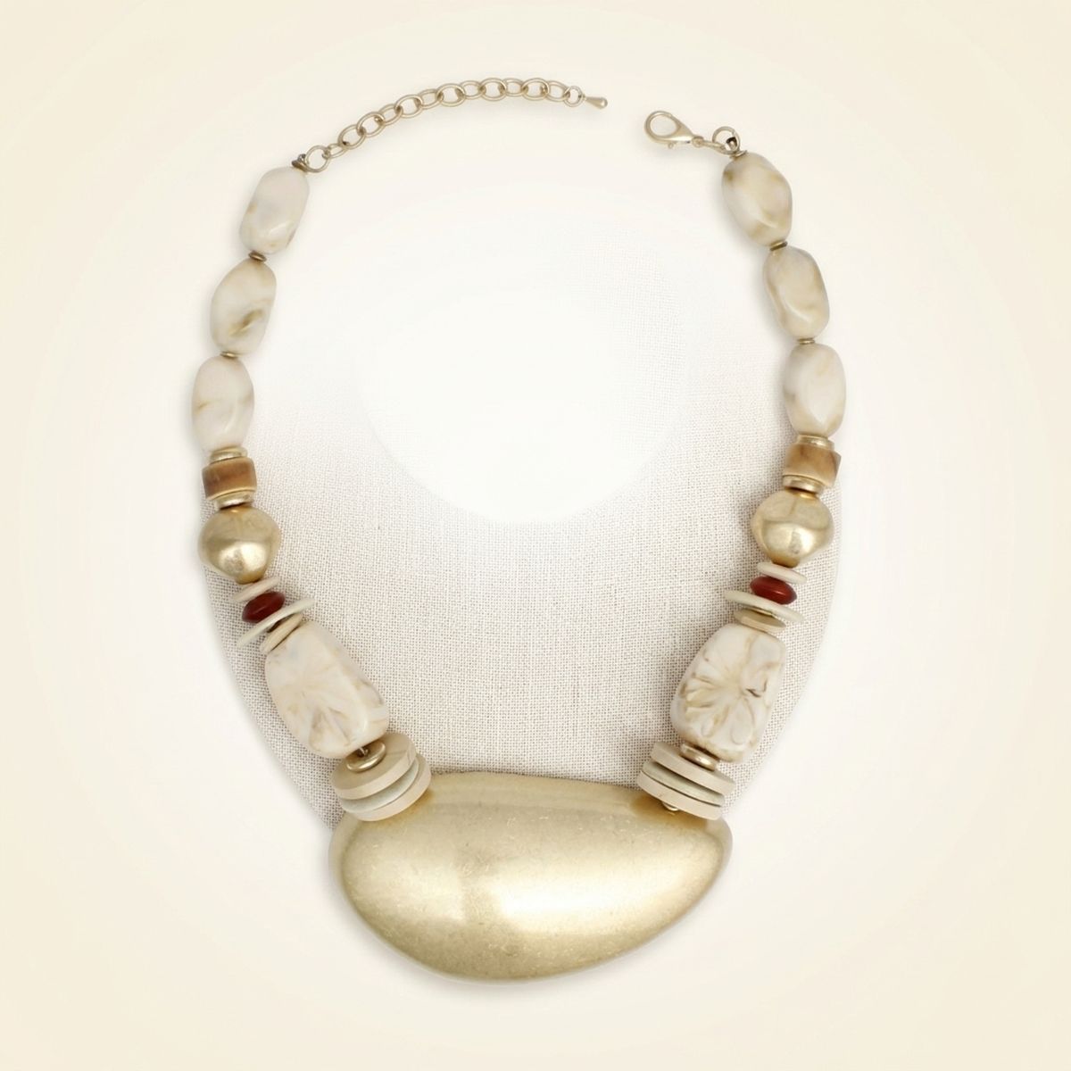 Ivory Bead Sculpted Matte Gold Pendant Necklace