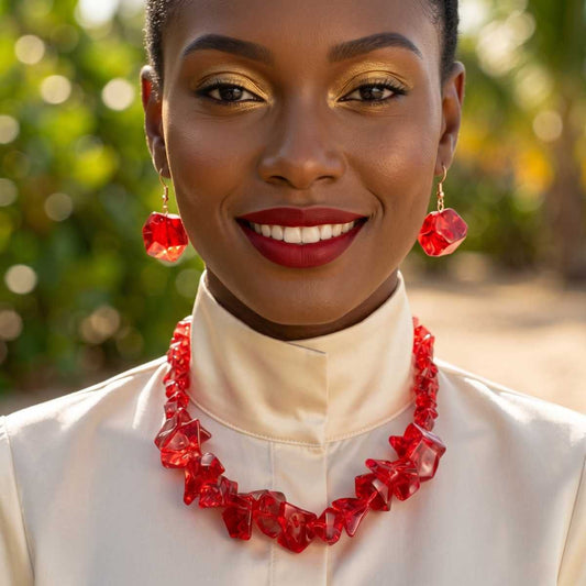 Translucent Red Bead Rock Candy Necklace Set