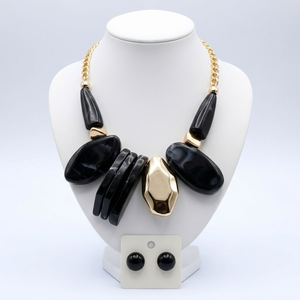 Chunky Black Geometric Marbled Resin Bib Necklace