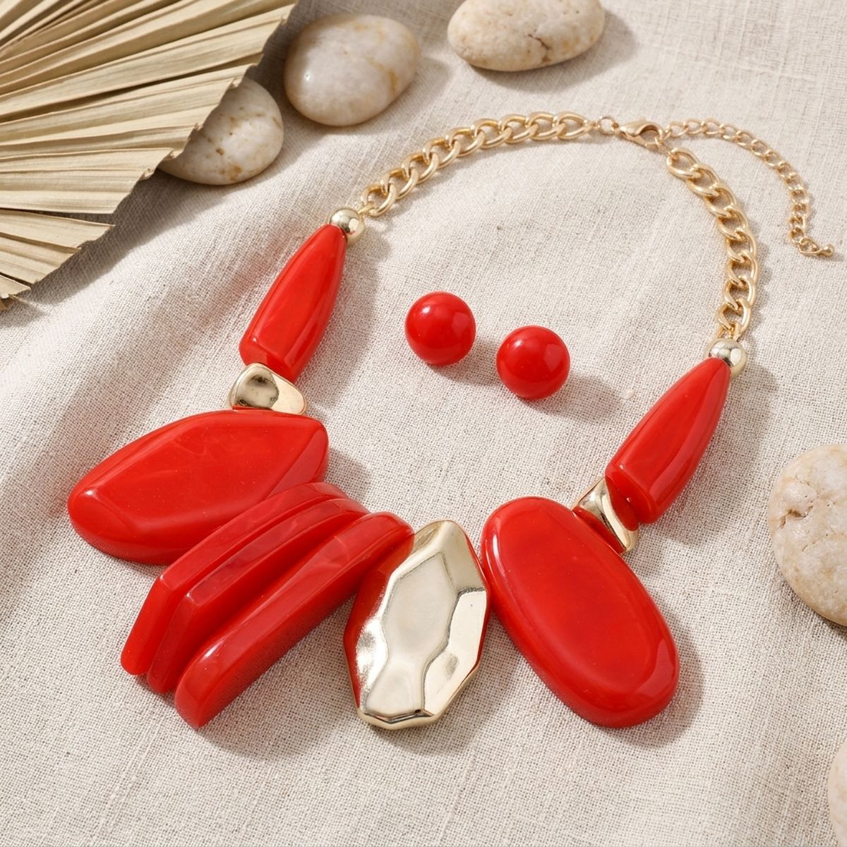 Chunky Red Geometric Marbled Resin Bib Necklace