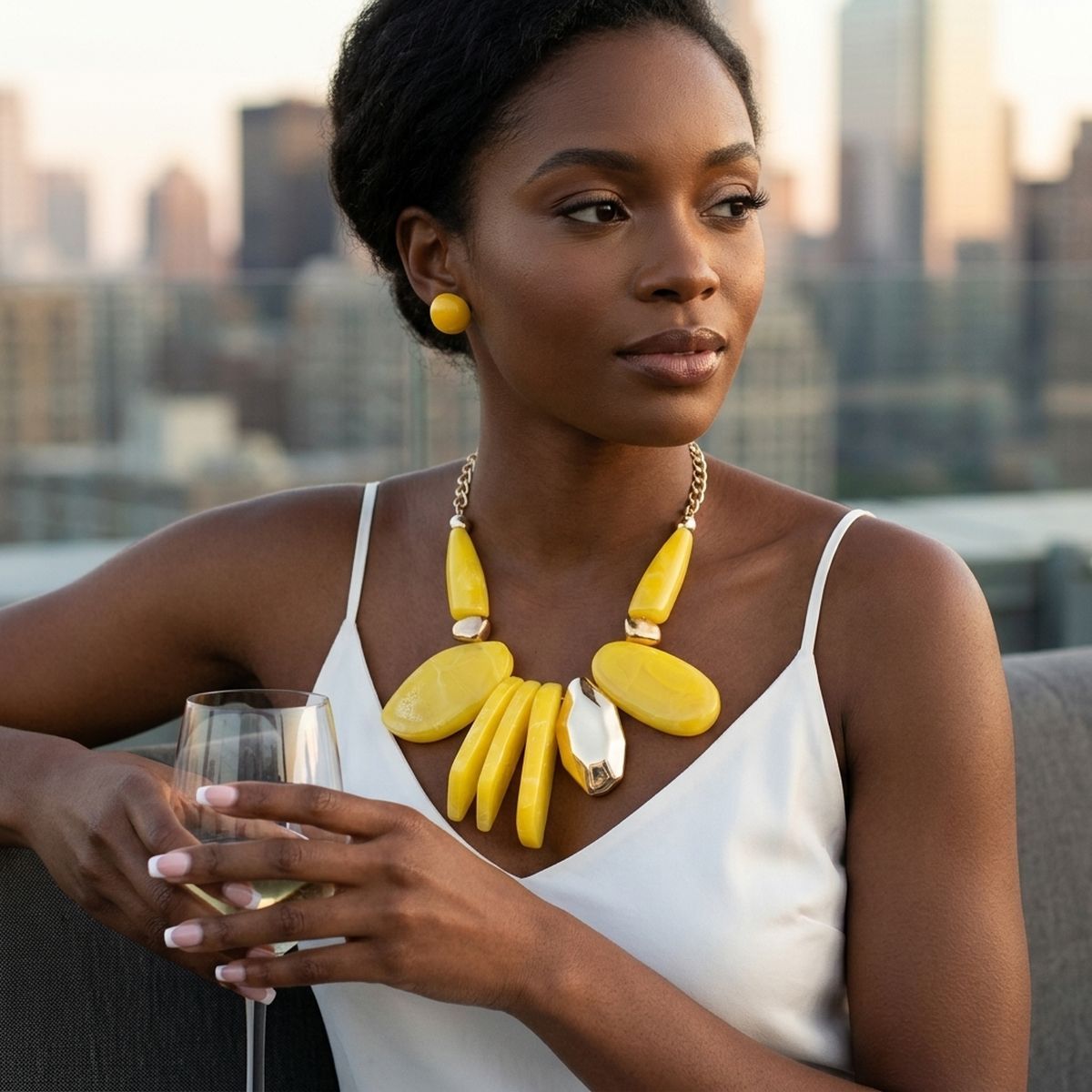 Chunky Yellow Geometric Marbled Resin Bib Necklace