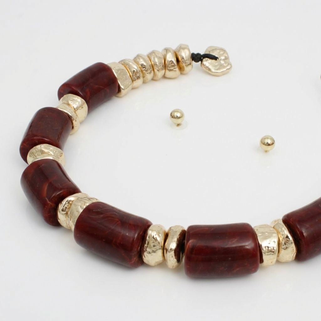 Vintage Marble Burgundy Resin Bead Toggle Necklace
