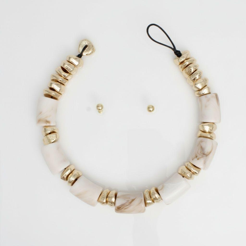 Vintage Marbled Cream Resin Bead Toggle Necklace