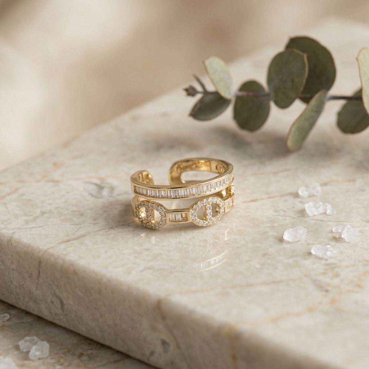 Ring Gold Double Band CZ Anchor Chain Adjustable