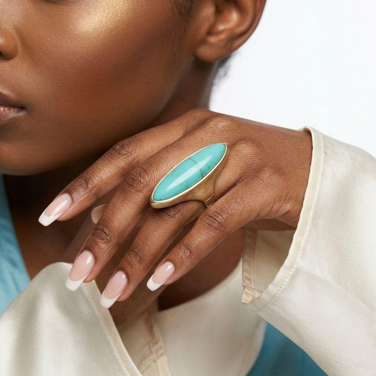 Cocktail Turquoise Elongated Oval Matte Gold Ring