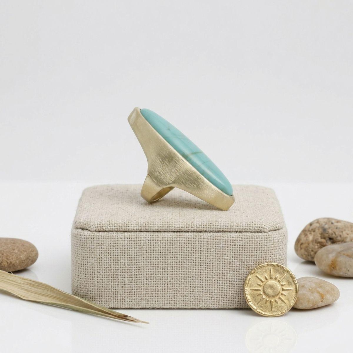 Cocktail Turquoise Elongated Oval Matte Gold Ring