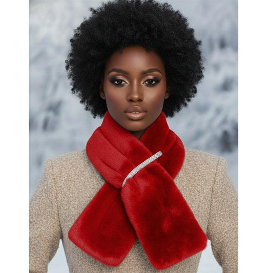 Scarf Luxe Faux Fur Red Rhinestone Pull Thru
