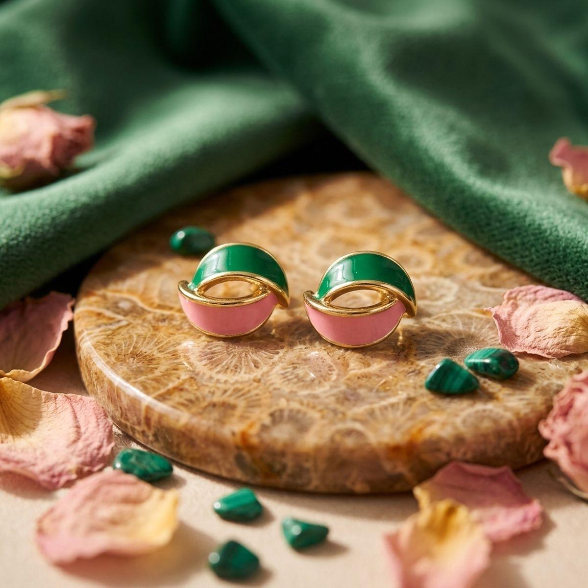 14K Gold Pink Green AKA Curved Stud Earrings