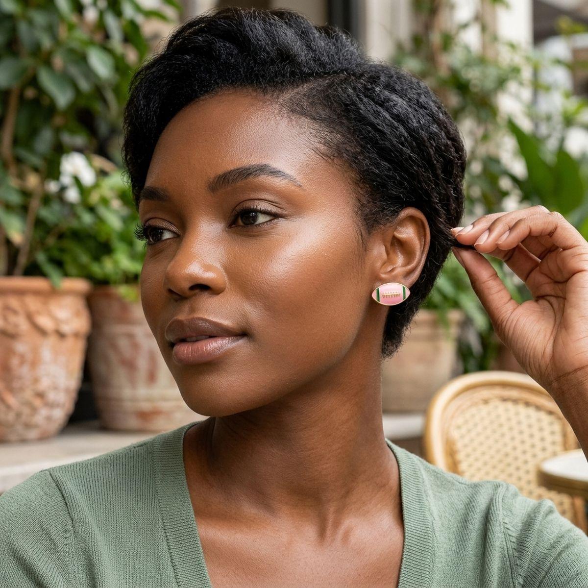 14K Gold Pink Green AKA Football Stud Earrings