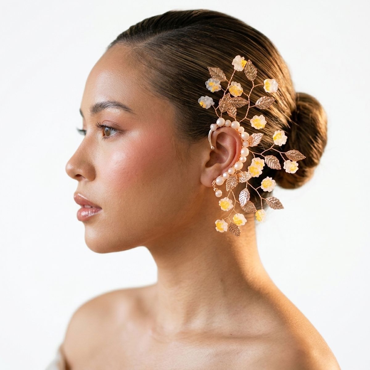 Bridal Gold Orange Floral Left Ear Cuff Earring