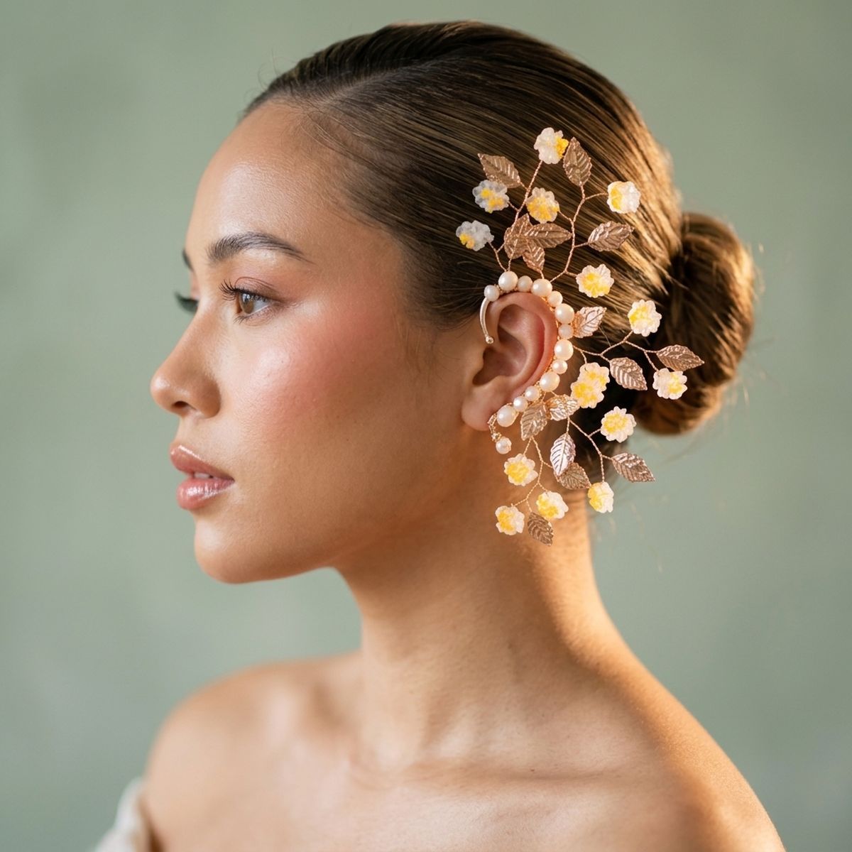 Bridal Gold Orange Floral Left Ear Cuff Earring