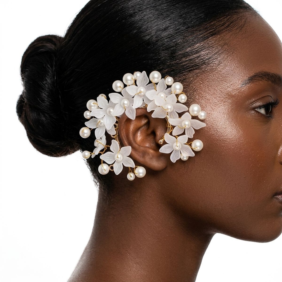 Bridal Pearl Floral Cluster Right Ear Cuff Earring