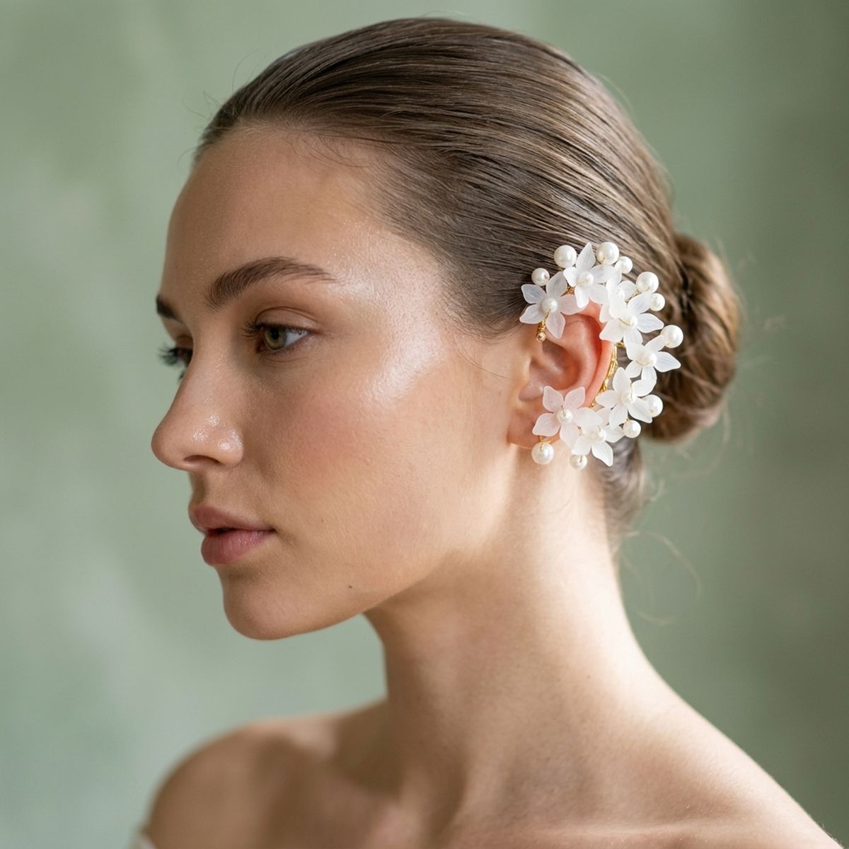 Bridal Pearl Floral Cluster Right Ear Cuff Earring