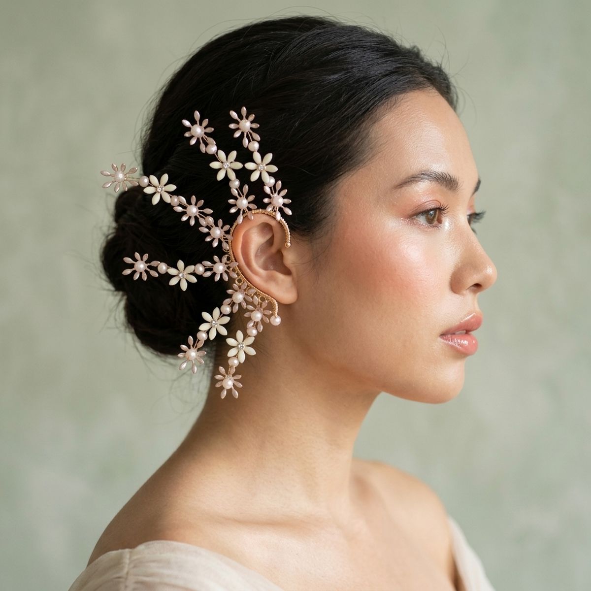 Bridal Rose Gold Floral Left Ear Cuff Earring